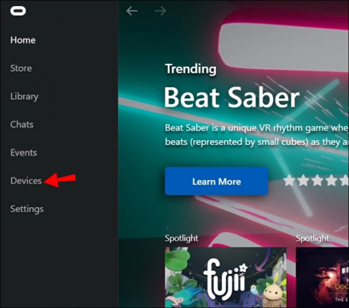 В приложении Quest 2 выберите Устройства