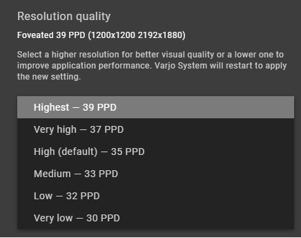 Интерфейс выбора разрешения Varjo Base