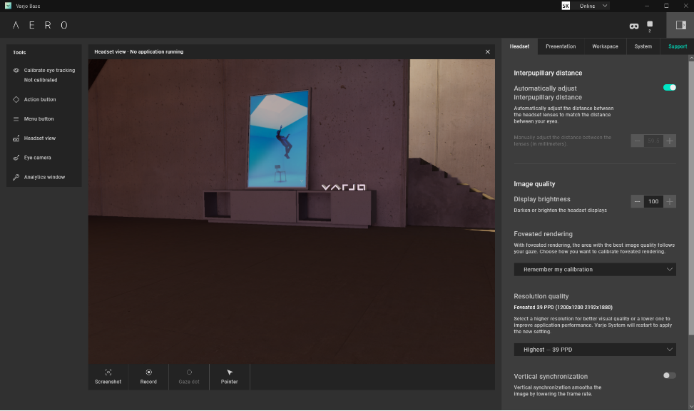 Интерфейс Varjo Base